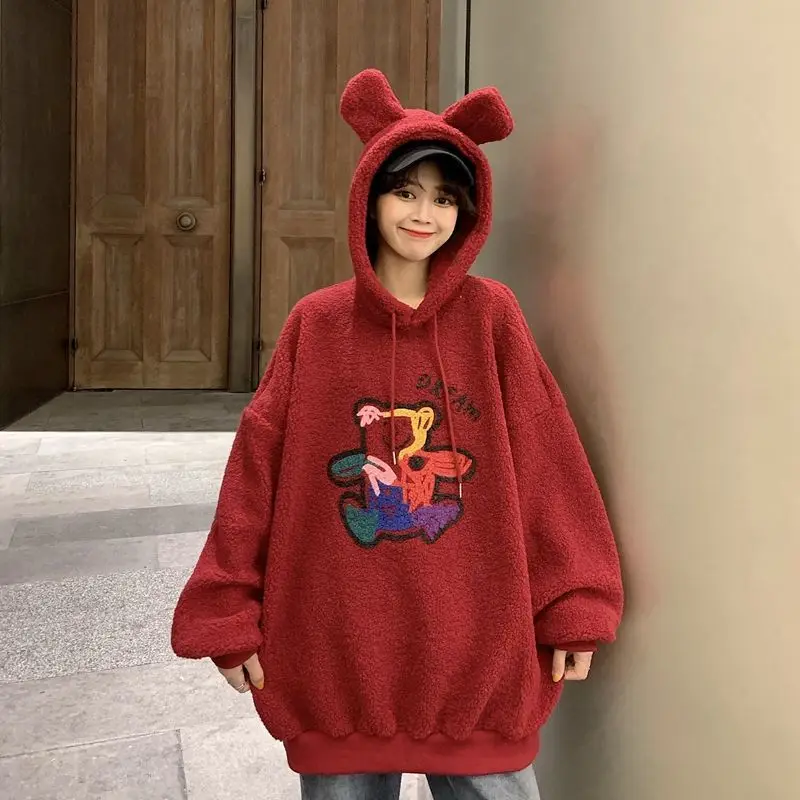 Bear ear hat pullover hoodie imitation lamb wool Korean winter ladies hoodie 2020 new Harajuku