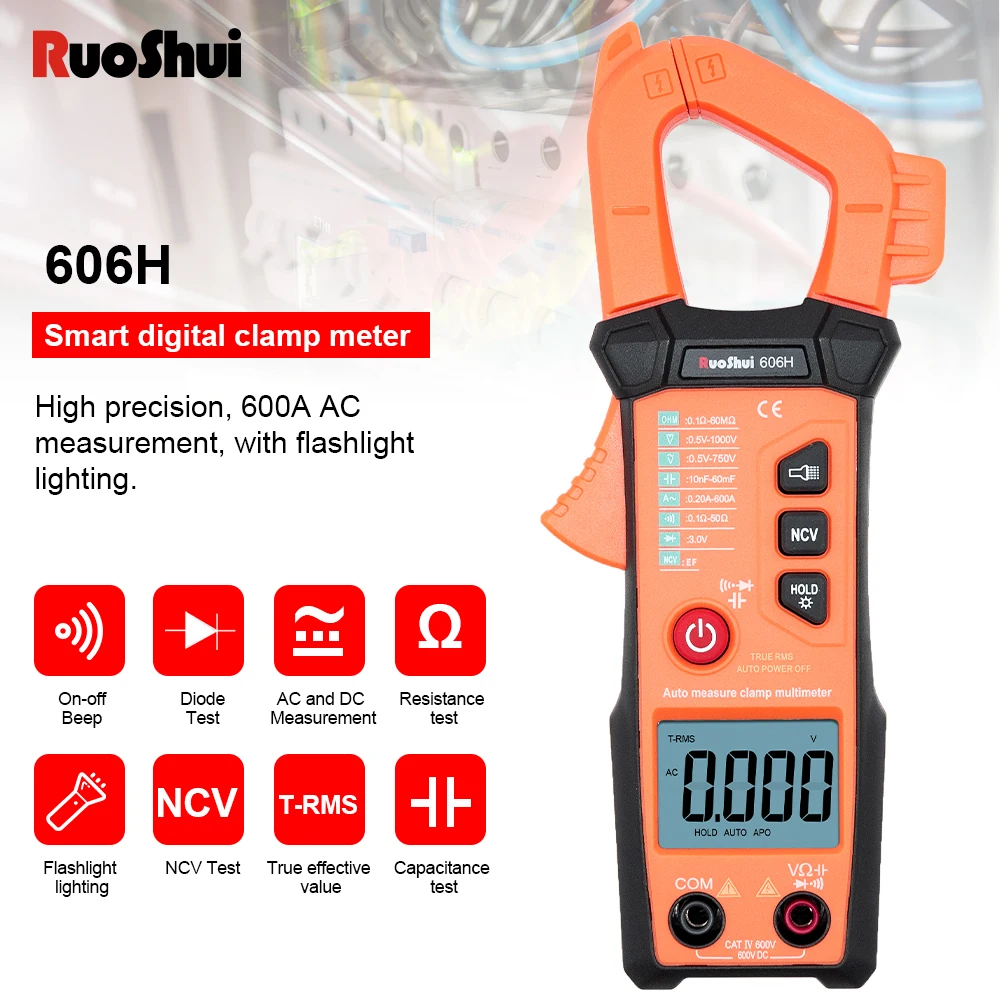 RuoShui606H цифровой клещи 60A 600A AC/DC тестер тока True RMS Авто Диапазон сопротивления диода
