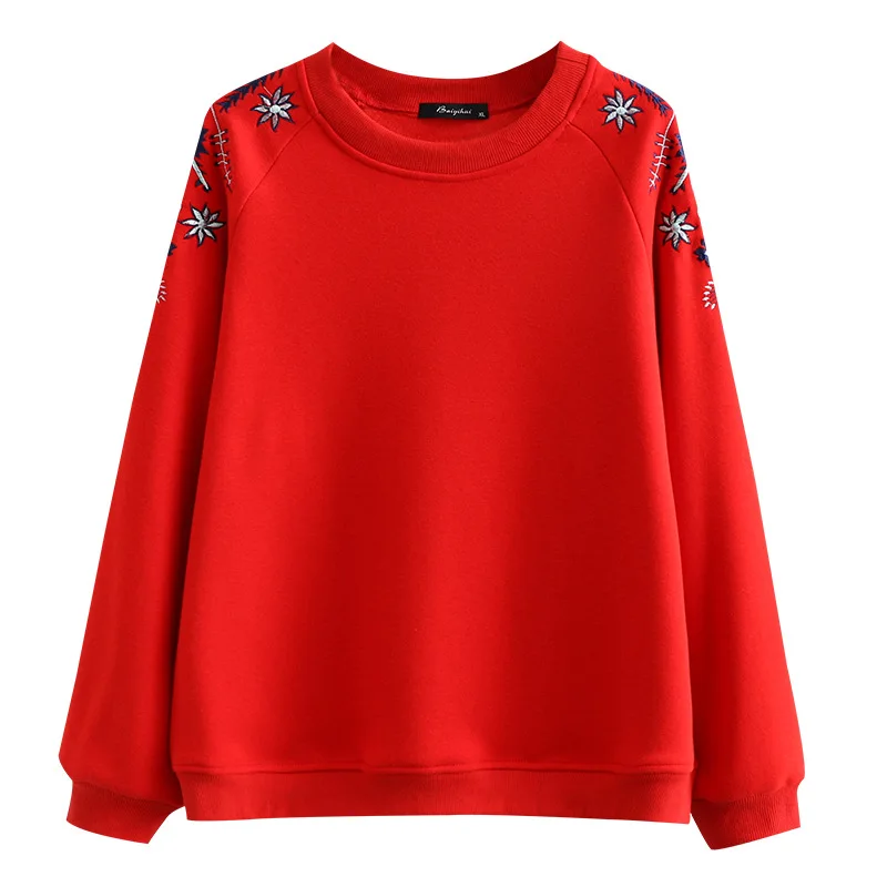

New ladies autumn winter plus size tops for women large pullover long sleeve thick velvet red embroidery T-shirt 3XL 4XL 5XL 6XL