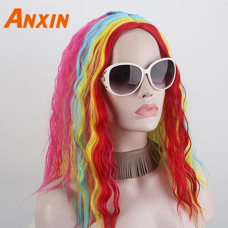 

Anxin 2020 Curly Wavy Lady Rainbow Wig Chemical Fiber Synthetic High Temperature Silk Wig Life Role Playing Party Fashion Wig