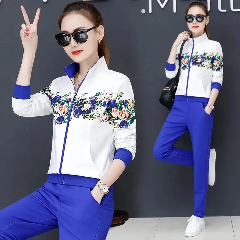 

Fashion Print Stand Collar Zipper Jacket + Sweatpants Sets Women Two Piece Outfit Casual Joggers Tracksuit Fall Loose Sweatsuit