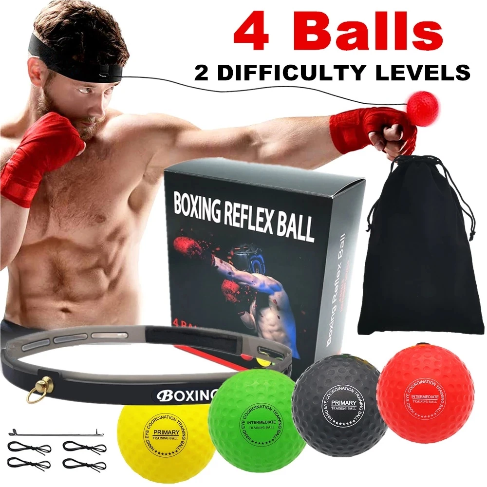 

4 Boxing Reflex Ball Set 2 Difficulty Level with Silicone Headband for MMA Punching Speed Fight Skill Ball Reaction Agility
