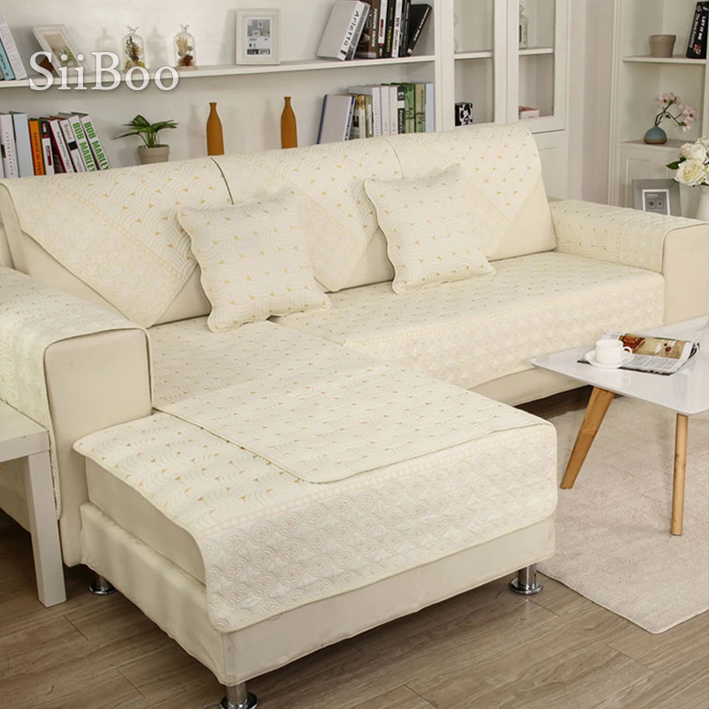 Хлопковый стеганый чехол для дивана с вышивкой в полоску бежевого серого и