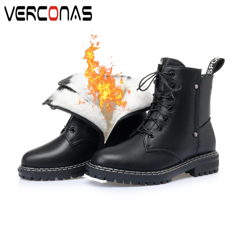 

VERCONAS 2021 Women Ankle Boots Autumn Winter Warm Shoes Woman New Genuine Leather Cross-Tied Boots Casual Side Zip Boots