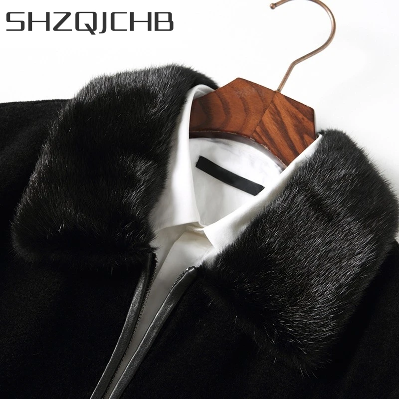 

JCHB 2021 Mens Real Fur Luxury Winter Thicke Warm Shearling Coat Fat Men High Quality Black Turn-Down Collar Zip Shearling Jacke