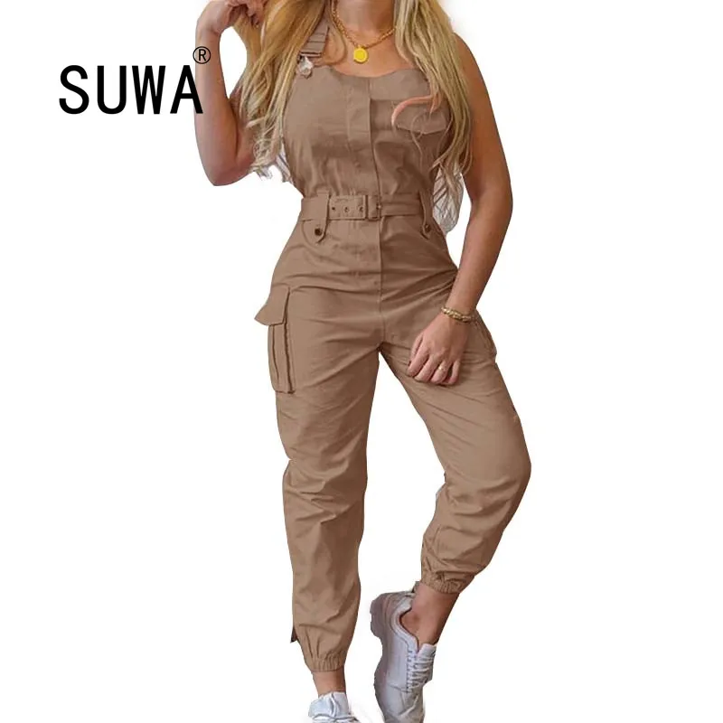 

Jumpsuit Women Summer 2020 Solid Color Have Belt Plus Size Pocket Design Women Jumpsuits Casual Streetwear Suspender Jumpsuit