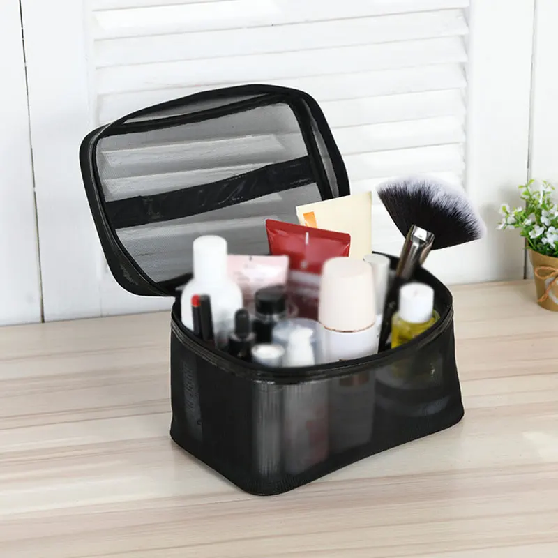 

1 PC Women Makeup Organizer Black Mesh Cosmetic Bag Solid Travel Bag Transparent Breathable Storage BagsZipper Toiletry Bag