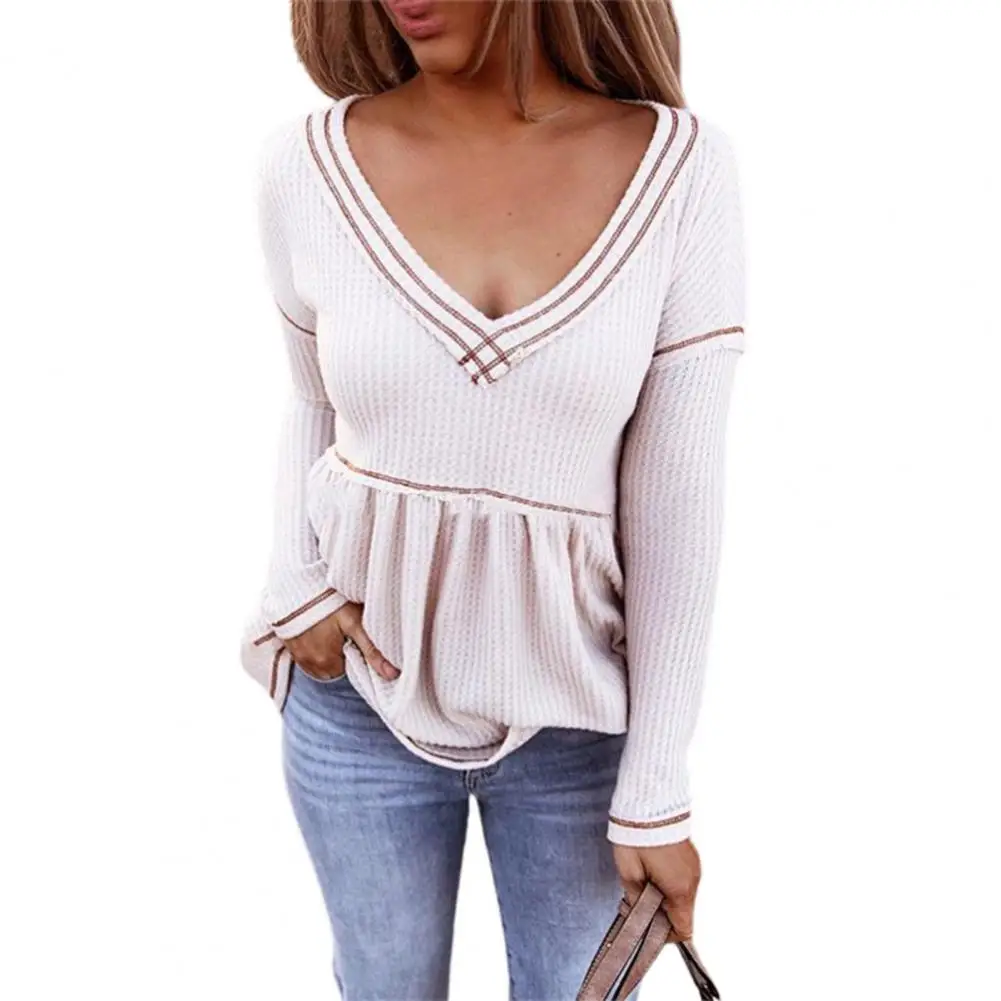 

Женские блузы, сексуальные с глубоким v-образным вырезом Свободная блуза с длинным рукавом для девочек с пышной юбкой в полоску пуловер Топы...