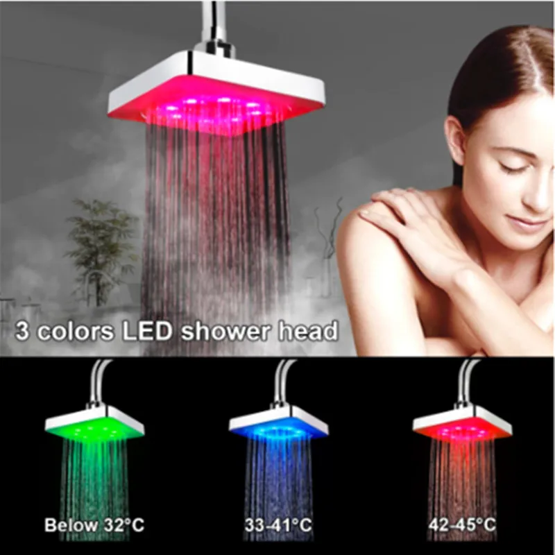 new led rainfall shower head square shower head automatically rgb 7 color changing temperature sensor showerhead for bathroom free global shipping