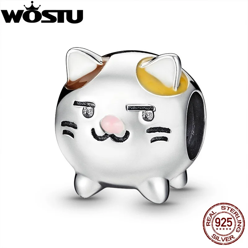 WOSTU, настоящая 925 пробы, серебряная Симпатичная кошка, бисер, подходит для оригинального браслета, Подвеска для женщин, Подвески для изготовления ювелирных изделий CQC1348