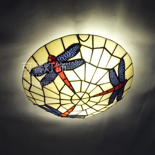 

European Baroque Dragonfly16 inch LED E27 110-240V Pastoral Ceiling Light Tiffany Round Glass Lampshade lamparas de techo abajur