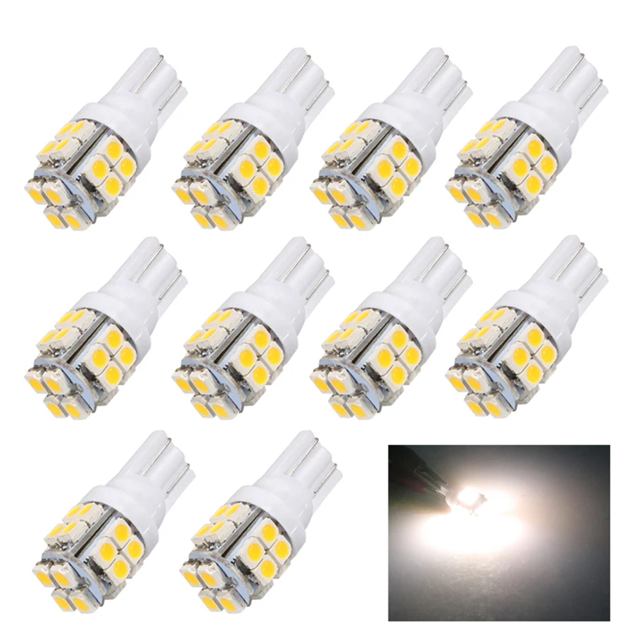 

10Pcs T10 LED Warm White Car Lamps 3528 20-Smd 168 192 W5W Bulbs For Auto Dome Reading Wedge Lights 6500K 4300K 12V
