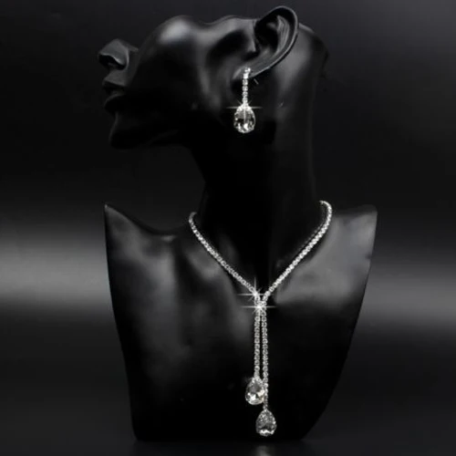 

Bridal Wedding Party Rhinestone Waterdrop Pendant Necklace Earrings Jewelry Set Necklace and Earrings Set, Luxury Design,Shinin