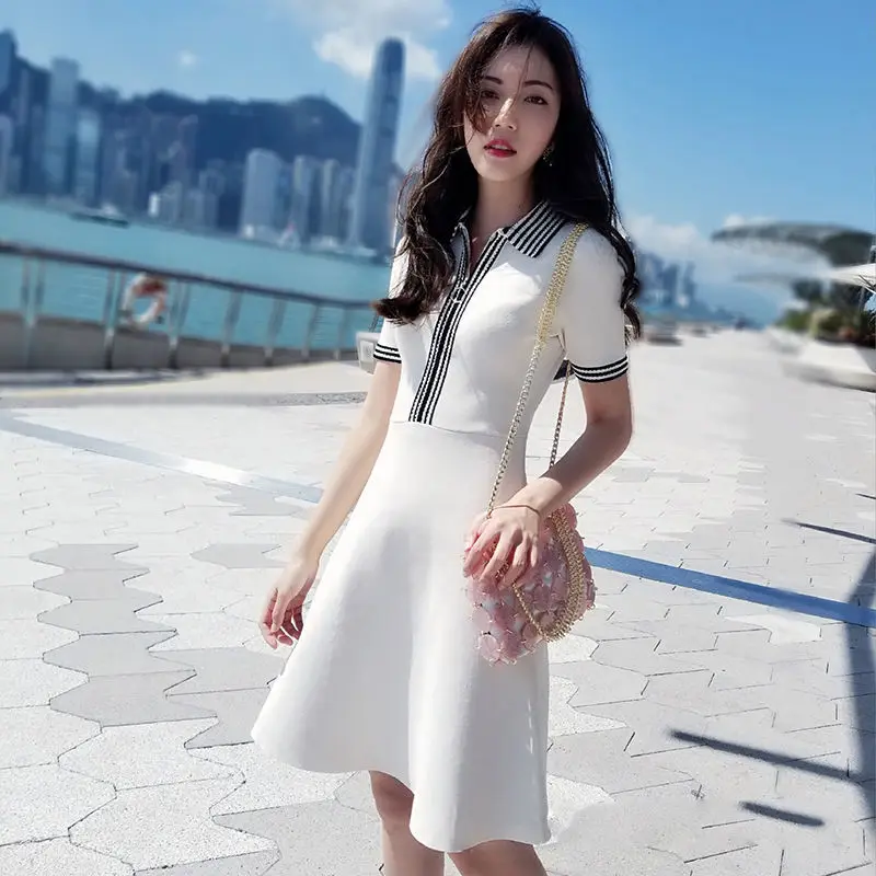 

Summer New Dress Knitted Ice Silk Zipper Half Open Collar Temperament White A-line Skirt