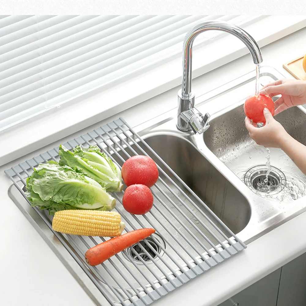 

Foldable Dish Drying Rack Multi-Use Kitchen Silicone Drainer Over Sink Fruit Vegetable Meat Organizer Tray Drainer