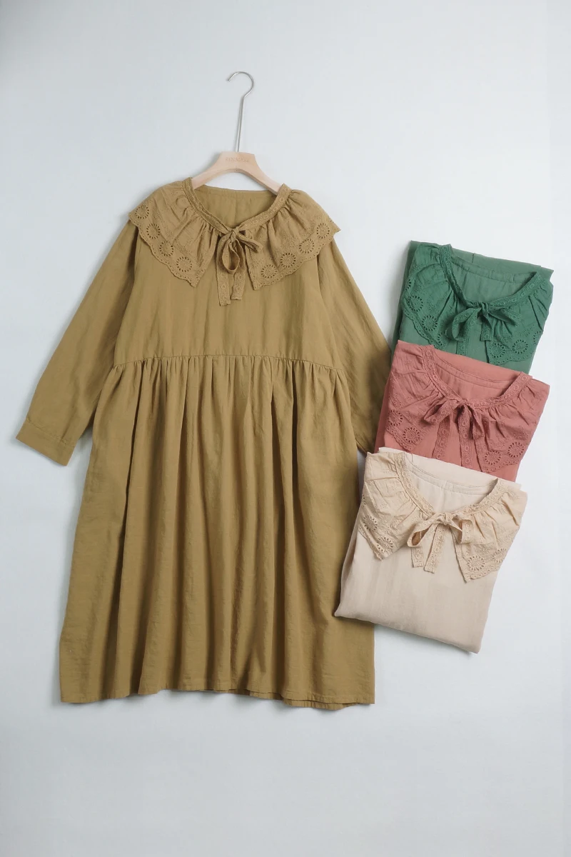 

Spring Autumn Women Japanese Sen Female Embroidery Lotus Leaf Product Loose Plus-Size Pure Color Cotton Linen Dress Long Skirt
