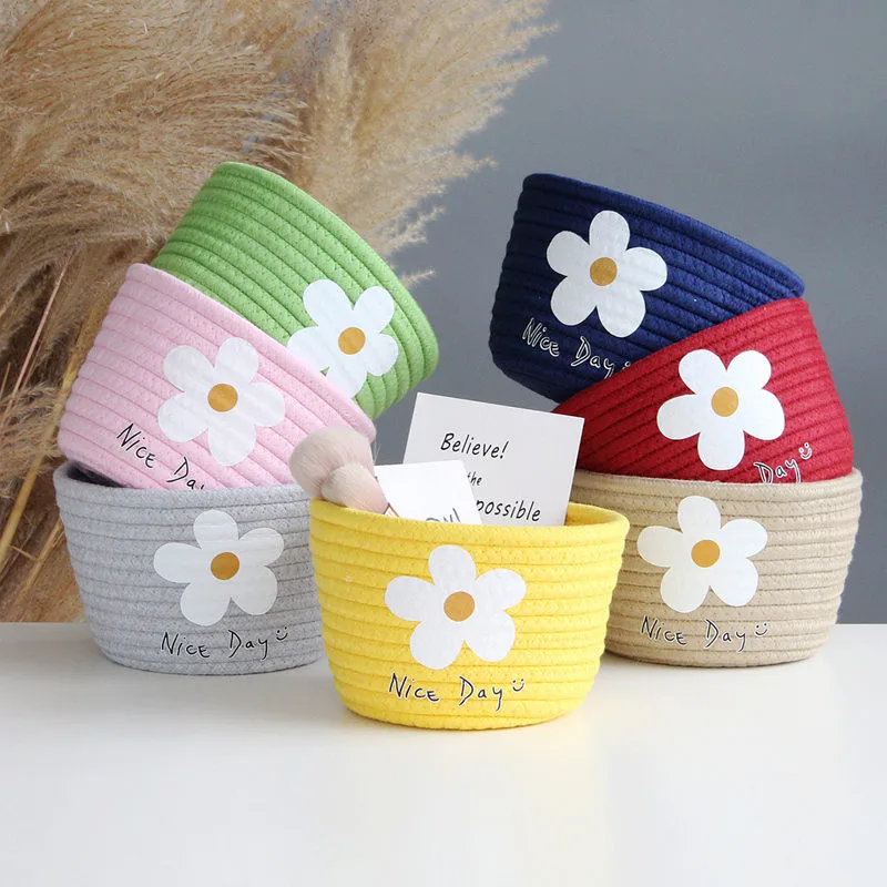 

INS Small Flower Decorative Sundries Storage Box Cotton Rope Woven Storage Basket Desktop Cosmetic Container Kids Toys Organizer