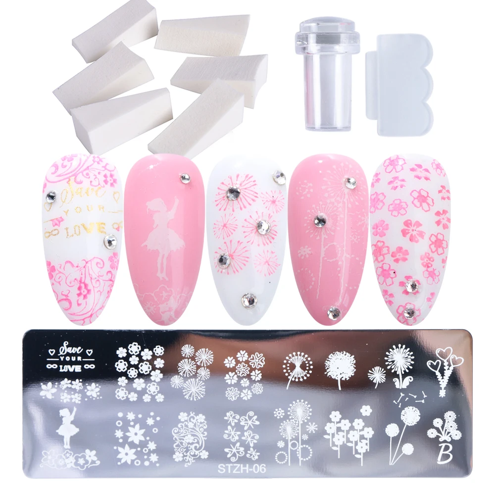 STZH-06 Set 1 Набор для штамповки ногтей пластины кружева животные цветок DIY Дизайн ногтей шаблоны с штампом скребок губка Маникюрный Инструмент SASTZH01-12-2 - Цвет: STZH-06 Set