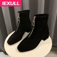 martin boots female british style autumn 2021 single boots thick heel high heels net red front zipper square toe short boots