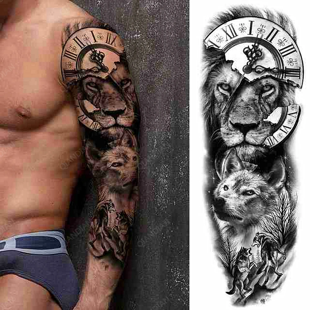 

1pc Lion Wolf Men Waterproof Temporary Tattoos Stickers Arm Cool Art Big Clock