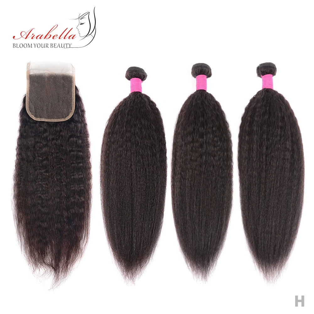 

Yaki Kinky Straight Human Hair Bundles With Closure 100% Remy Hair Bundles With Pre Plucked 4X4 Lace Closure Arabella