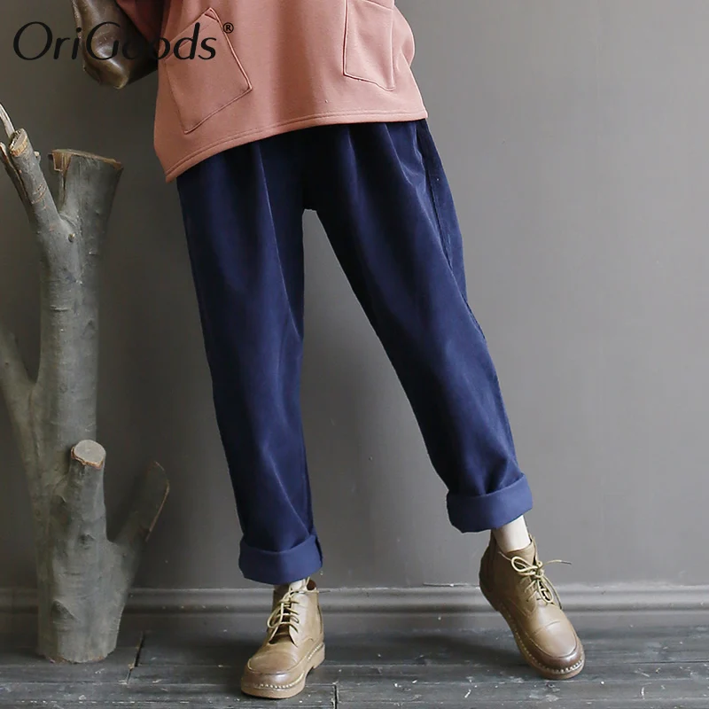 Женские вельветовые шаровары OriGoods из хлопка однотонные с эластичным поясом