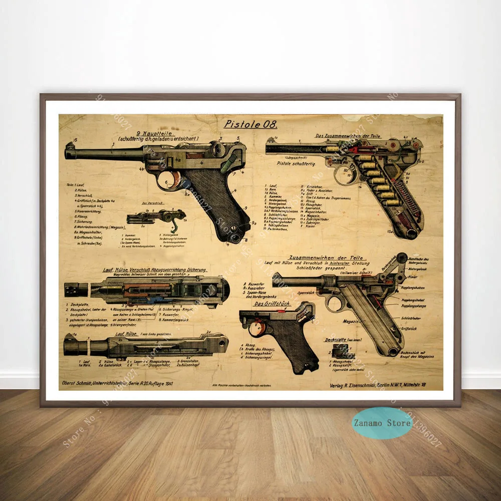 Пистолет ZT982 Luger патент схема пистолета современный плакат Настенная картина для