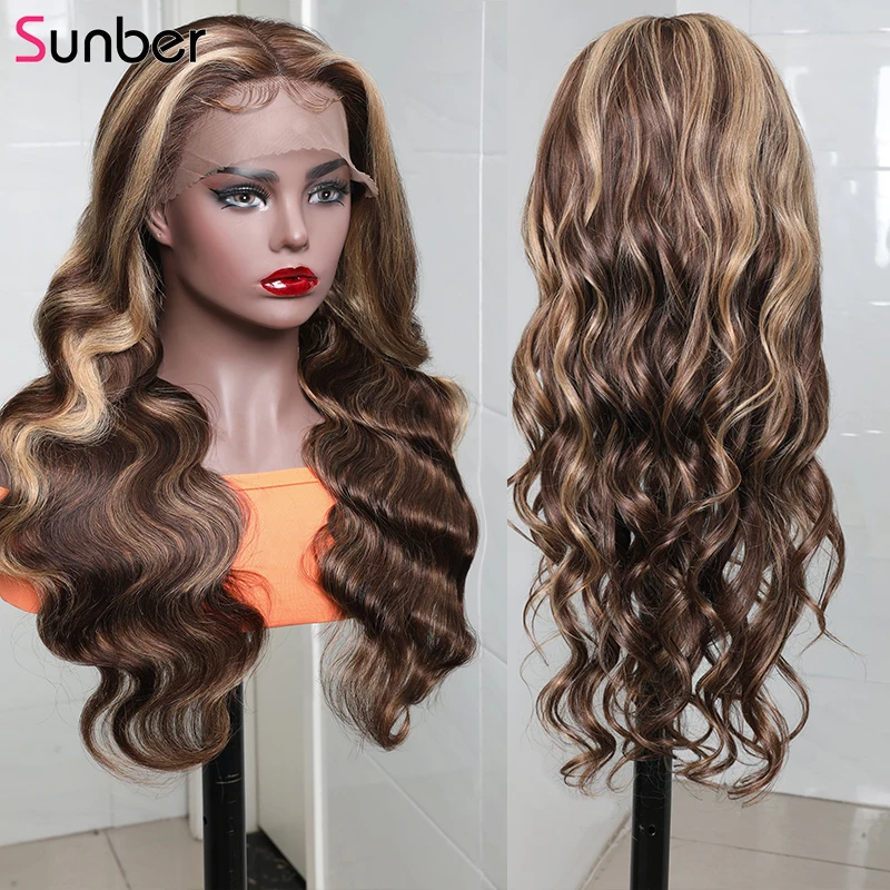 

Sunber Hair Highlight Wigs Peruvian Body Wave 13x4 Lace Frontal 150% Density 14-26 Inches Pre Plucked Remy Human Hair Wigs