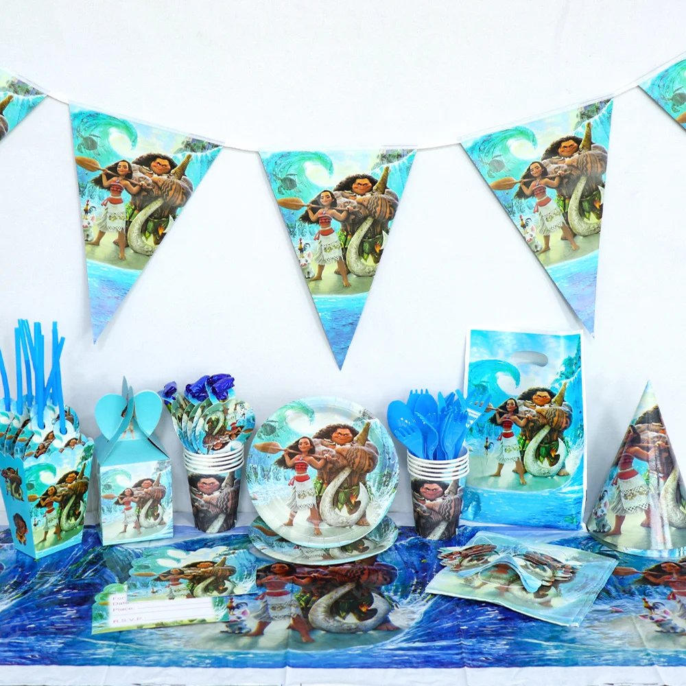 

Moana Theme Cartoon Party Tableware Set Cup Straw Plate Napkins Candy Box Banner Flags Kid's Birthday Party Decorations Supplies