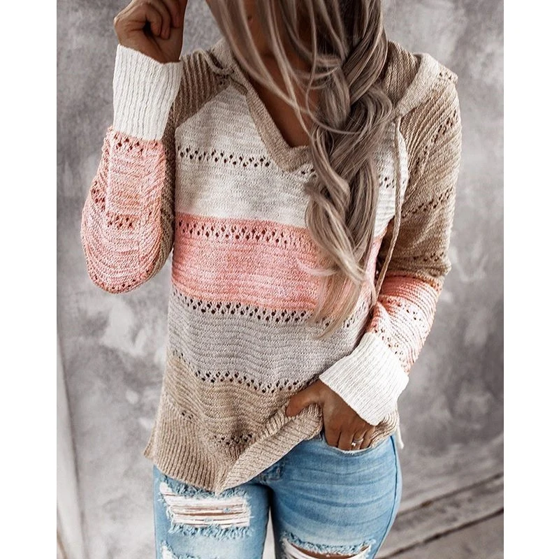 

Fall Winter Women Patchwork Hooded Sweaters Long Sleeve V-Neck Slim Pullover Tops Jumper Female Casual Knit Sweaters Plus Size