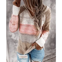 fall winter women patchwork hooded sweaters long sleeve v neck slim pullover tops jumper female casual knit sweaters plus size