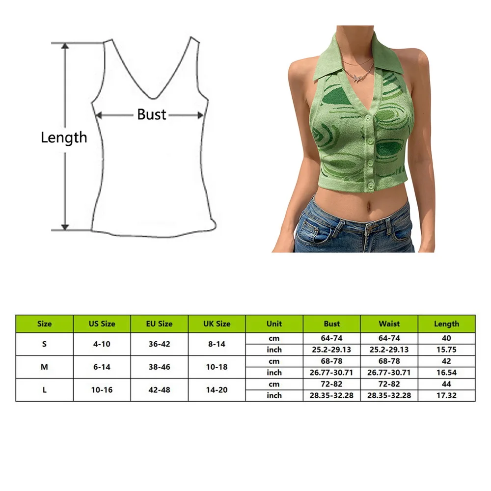 

Litthing Halter Sleeveless Knitted Crop Top Women Sexy Backless Y2K Tank Top Autumn Print V Neck Vest Ladies Button Knitwear