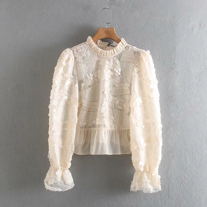 Женская Осенняя блузка бежевого цвета однотонная Повседневная Блузка с