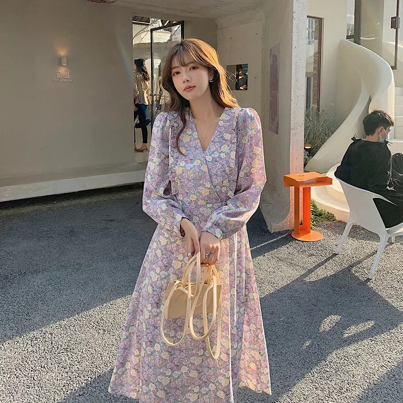 

Fashion Floral V-neck Summer Dress Women Elegant French Style Long Sleeve Lace Up High Waist Ladies Spring Dresses Female