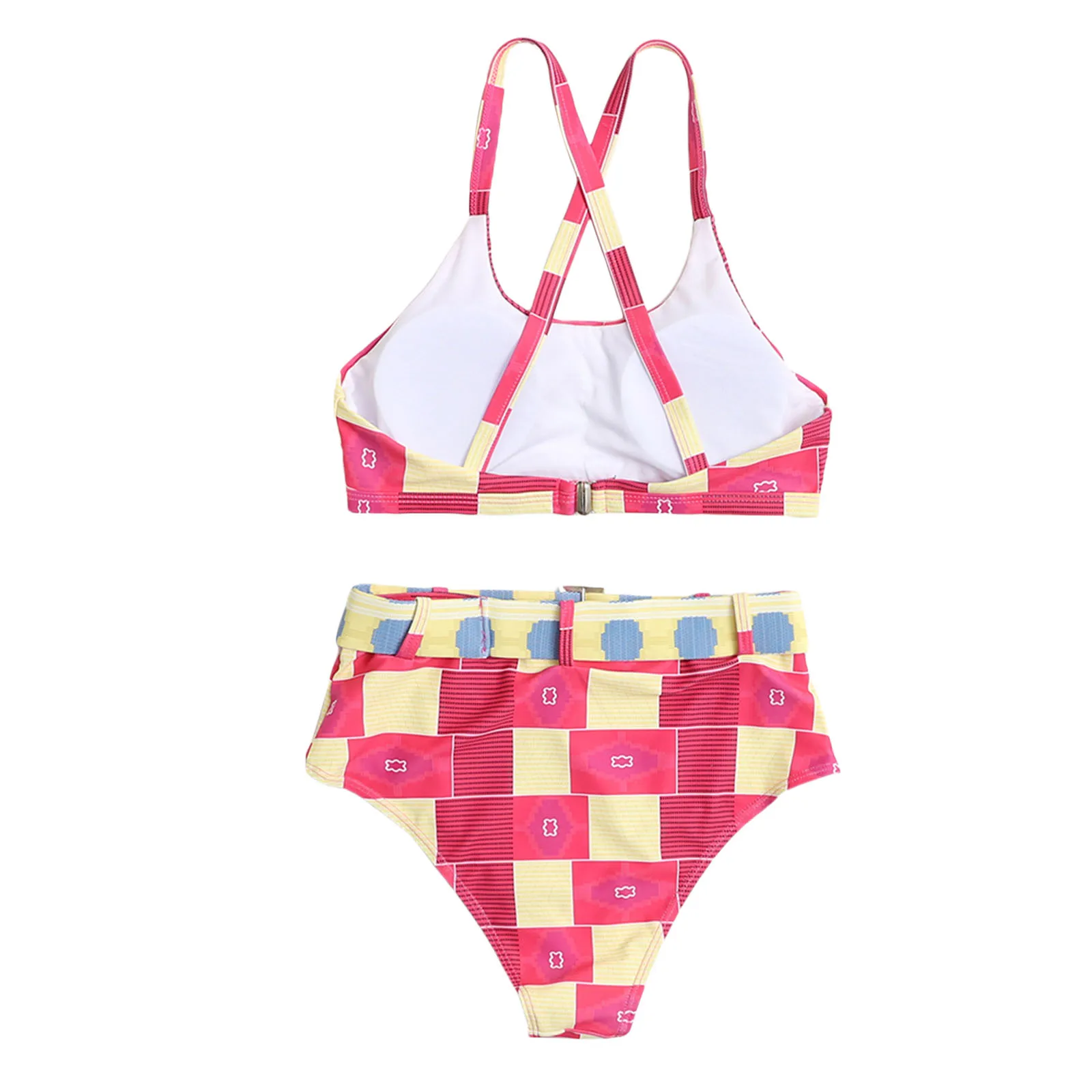 

Women Summer Swimwear Sexy High Waist Back Strap Creative Geometric Printing Backless Bikini Swimsuit Bandeau Biquini Beachwear