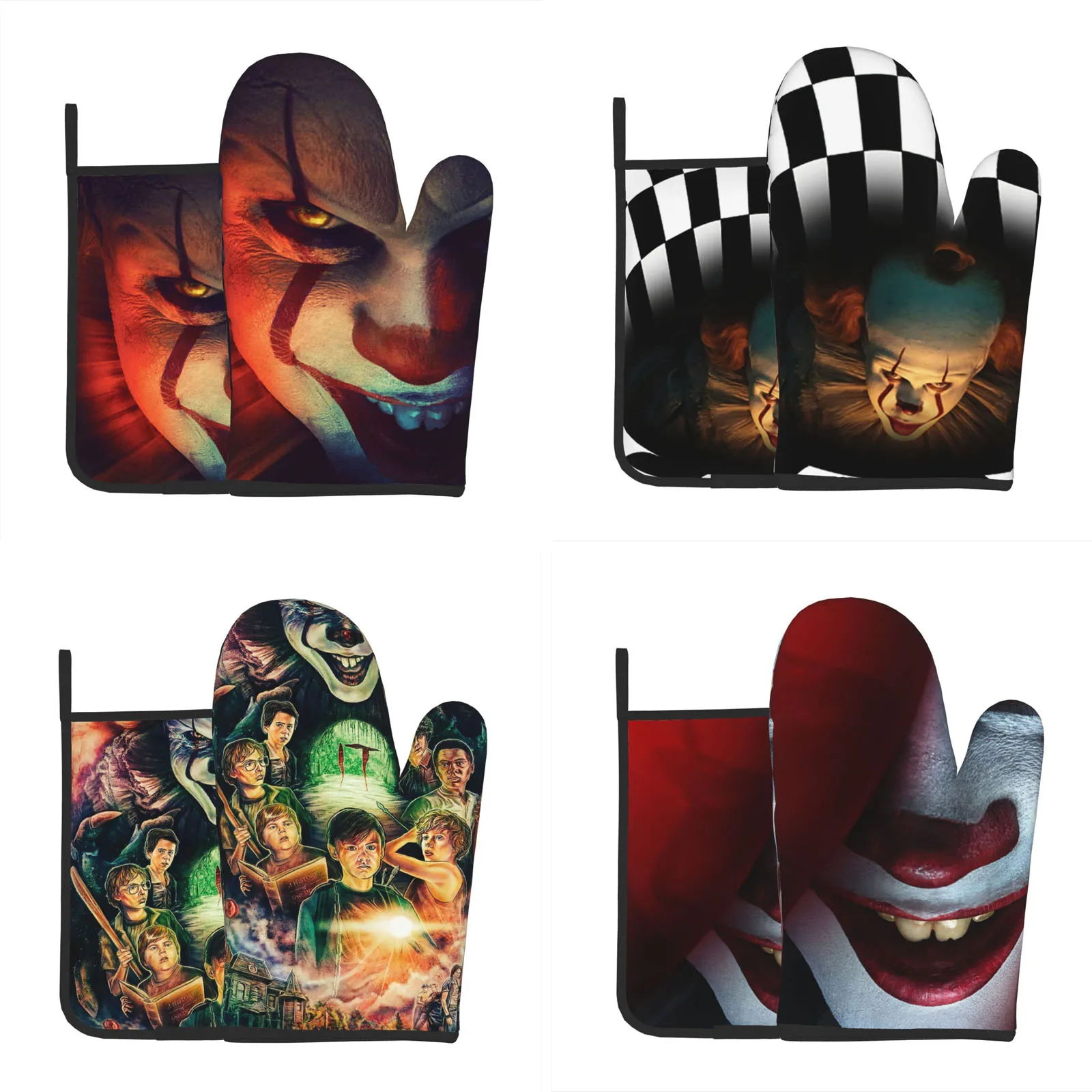 

Horror Movie Halloween IT Pennywise Oven Mitts and Pot Holders Sets, Heat Resistant Oven Gloves Cotton Lining