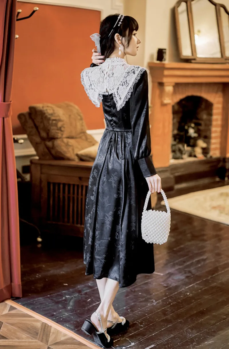 

Retro Black Jacquard Gatsby Dress 2021 Spring Women Vintage Lace Beading Stand Collar Long Sleeve Princess Dresses Vestidos