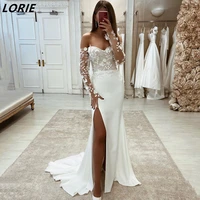 lorie elegant 3d flowers off shoulder wedding dresses strapless long appliaues sleeves bridal gowns high side slit bride dress