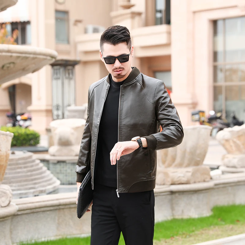 Мужская кожаная куртка приталенный воротник в Корейском стиле из искусственной