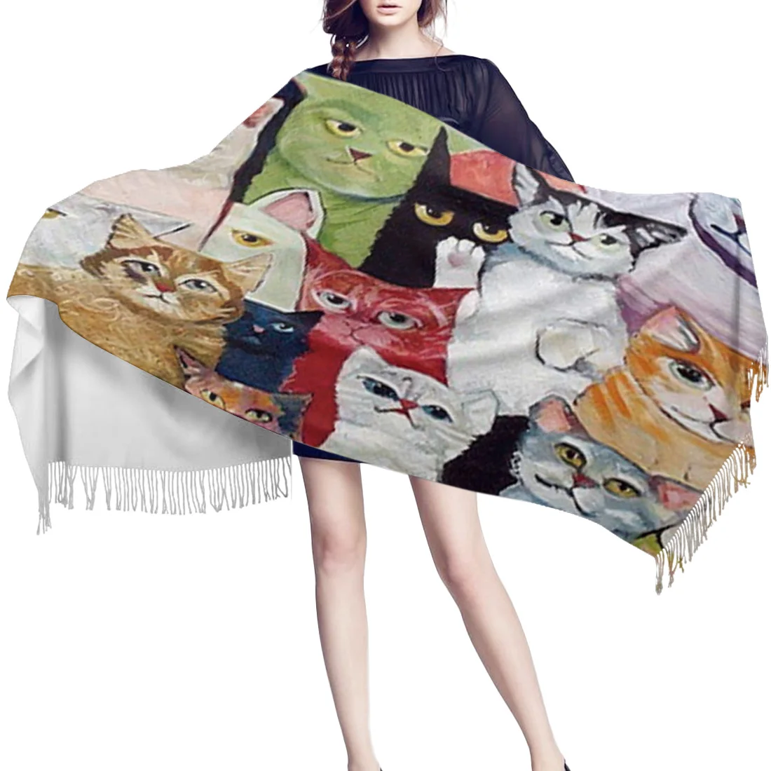 Женский мягкий кашемировый шарф тонкий длинный с кисточками для осени и зимы