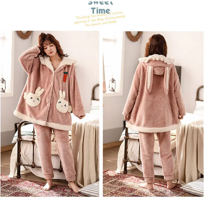 Coral Velvet Rabbit Ears Pajamas Female Fall and Winter Korean Version of The Student Cute Plus Velvet Home Clothes Robe Sets