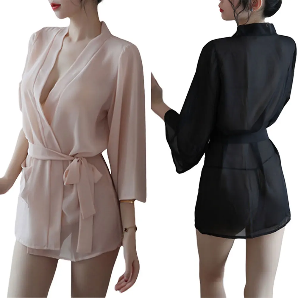 

Women Low-cut Lingerie Set Perspective Night Sleepwear Sexy See-Through Thin Nightgown Thong Suit Lace-up Temptation Underwear