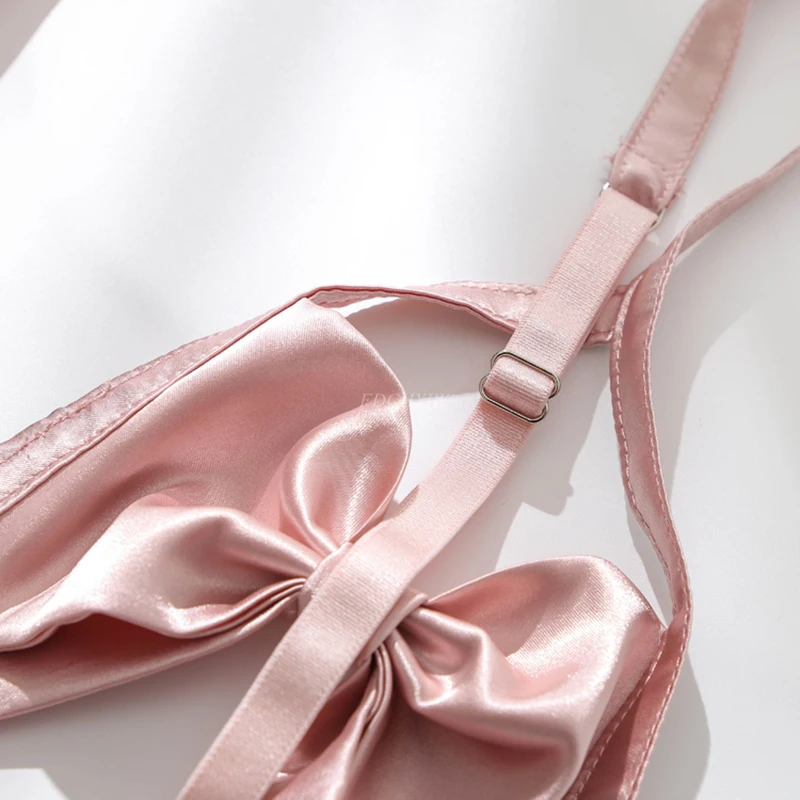 

Sexy Lace Wire Free Bra and Panty Set with Garter Temptation Hollow Out Ultra Thin Bra Intimates Suspenders Underwear Set Women