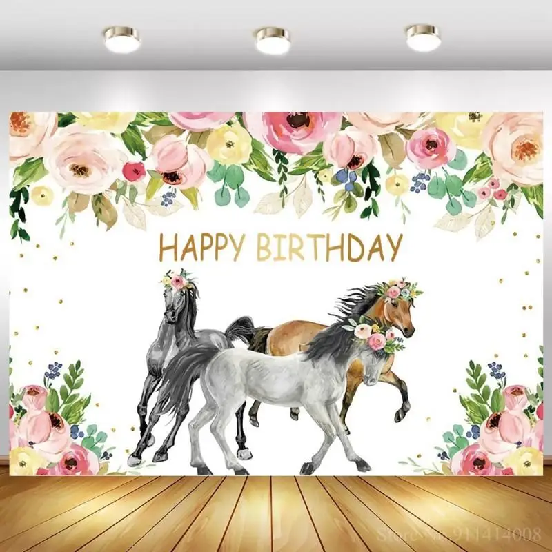 

Beautiful Flowers Running Horse Happy Birthday Backdrops Party Decor Newborn Baby Shower Girl Princess Backgrounds Photography
