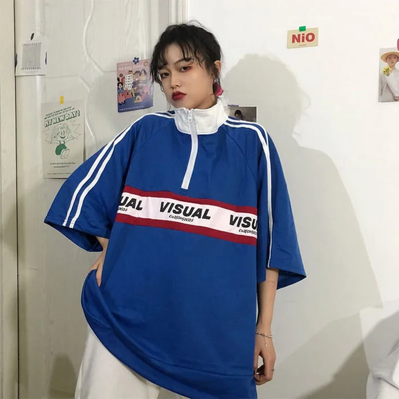 half-sleeve harajuku bf style women tops 2020 new spring t shirt letter printing zipper Turtleneck clothes student polo | Женская одежда