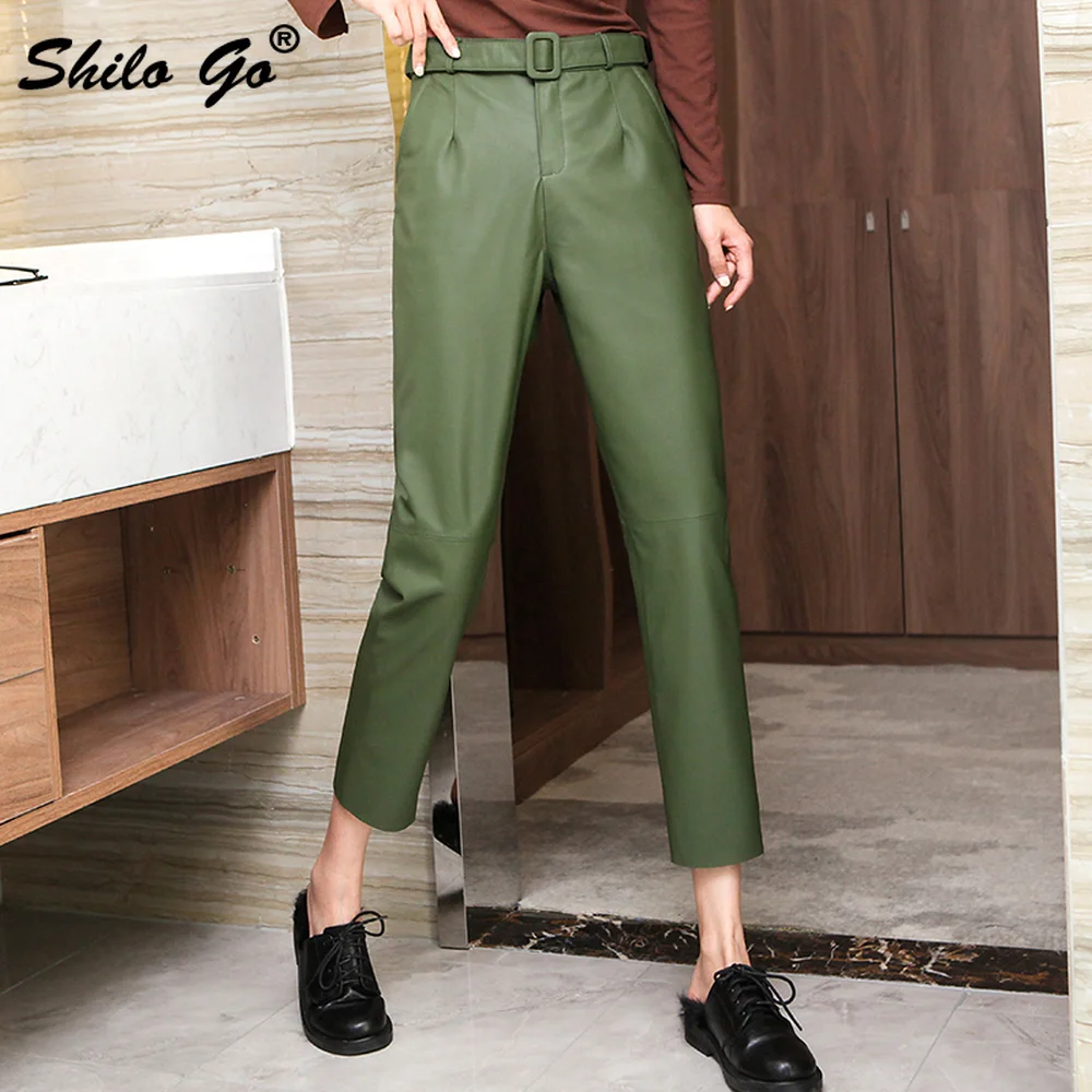 

Solid Buckle Belted Pants Womens Winter Streetwear Genuine Leather Pencil Pants Autumn Casual Office Lady Sheepskin Trousers