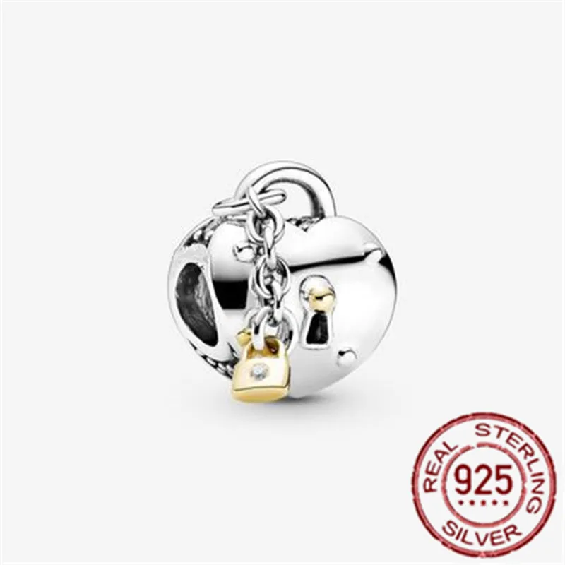 

2020 Winter New 925 Sterling Silver Beads Heart & Lock Charm fit Original Pandora Bracelet Christmas Jewelry Making for women