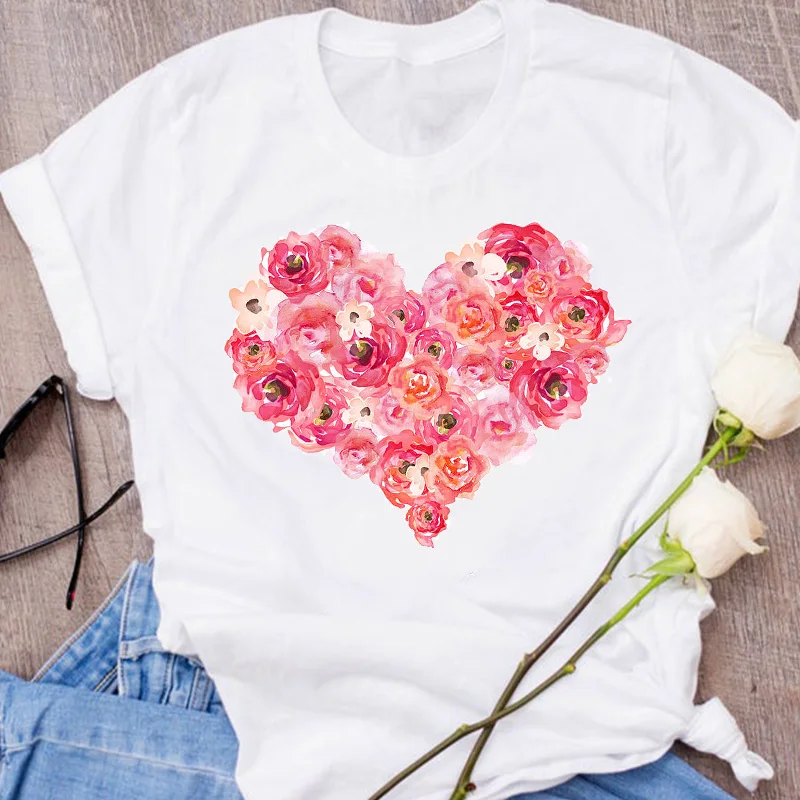 

Women T-shirt Graphic Sweet Love Floral Watercolor Girl Flower Print Lady Clothing Female Tees Print Tops Womens T-Shirt