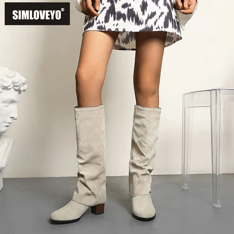 SIMLOVEYO/зимние сапоги до колена из искусственной замши с круглым носком на блочном