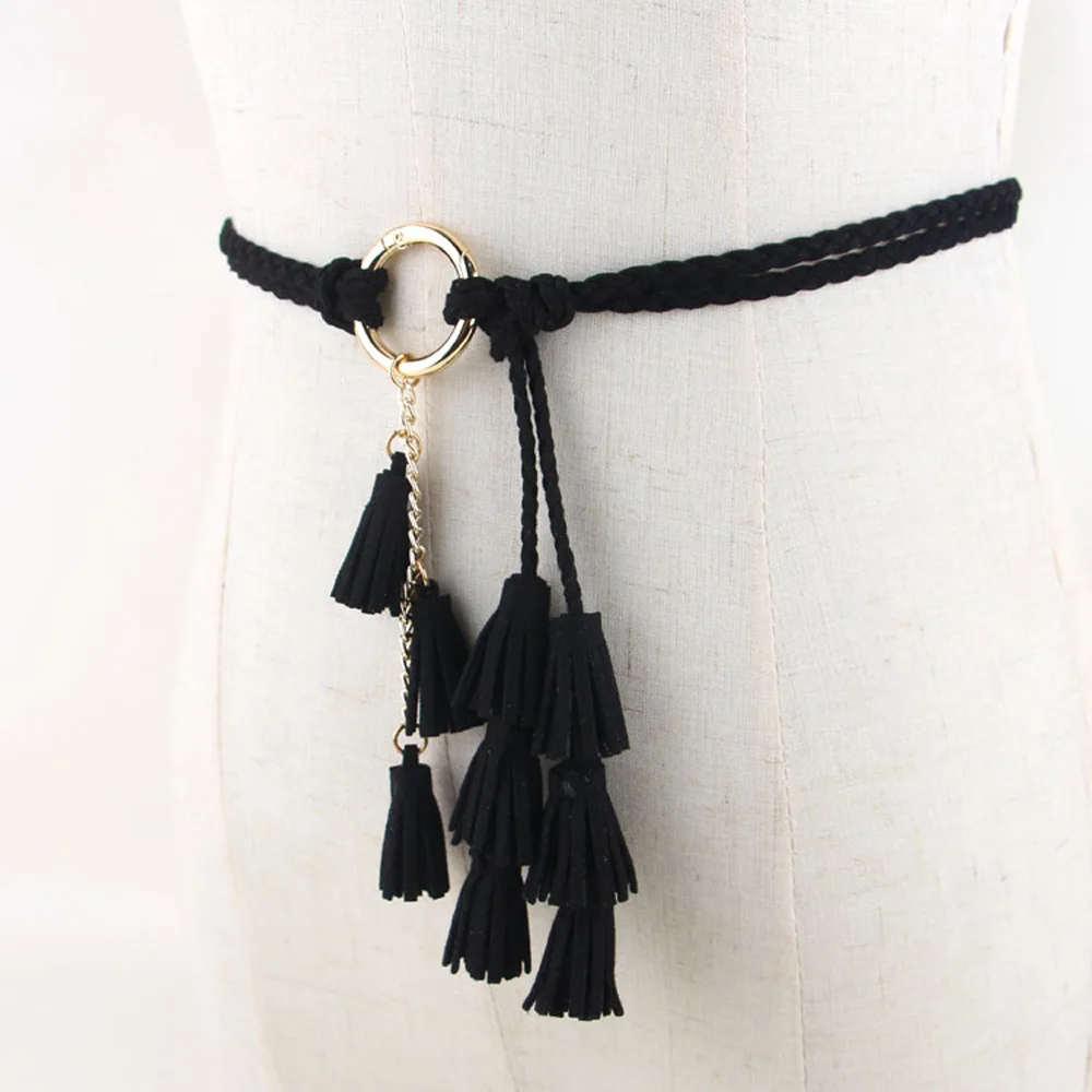 Дамы круглая пряжка Плетеный тощий пояс платье с кисточками поясные